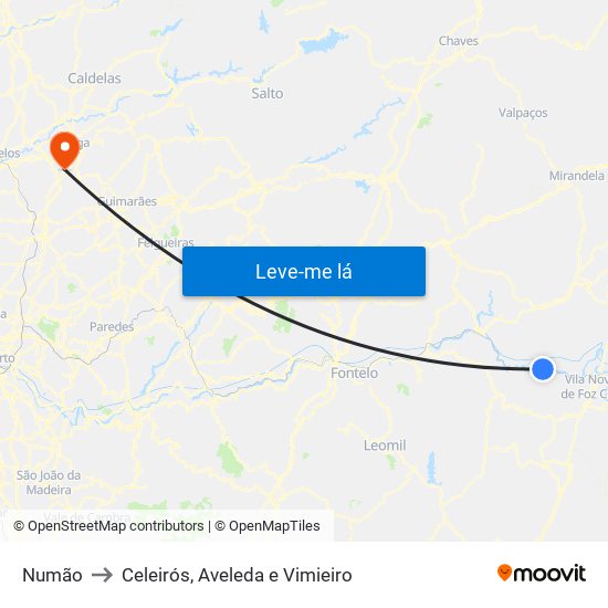 Numão to Celeirós, Aveleda e Vimieiro map