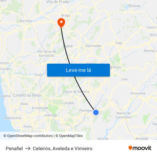 Penafiel to Celeirós, Aveleda e Vimieiro map