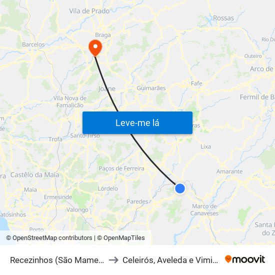 Recezinhos (São Mamede) to Celeirós, Aveleda e Vimieiro map