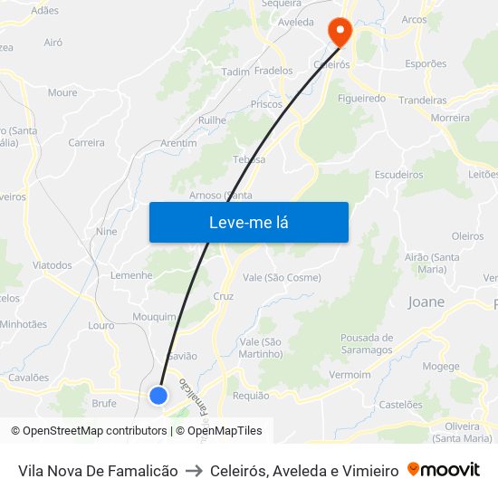 Vila Nova De Famalicão to Celeirós, Aveleda e Vimieiro map