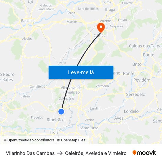 Vilarinho Das Cambas to Celeirós, Aveleda e Vimieiro map