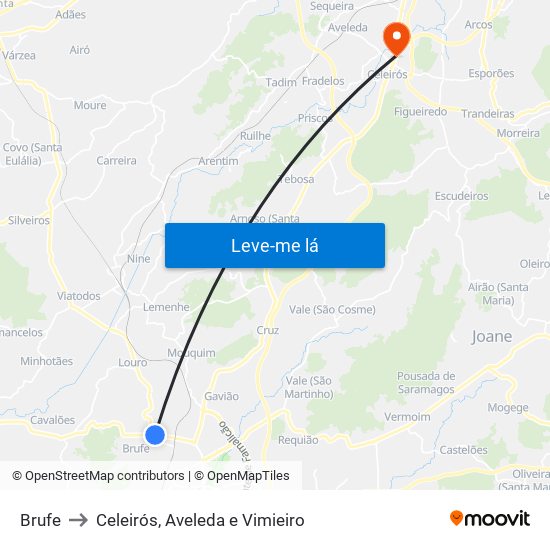 Brufe to Celeirós, Aveleda e Vimieiro map