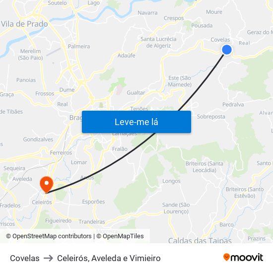 Covelas to Celeirós, Aveleda e Vimieiro map