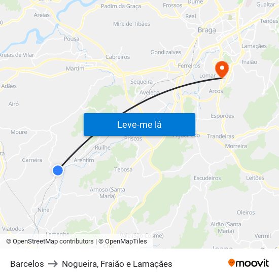 Barcelos to Nogueira, Fraião e Lamaçães map