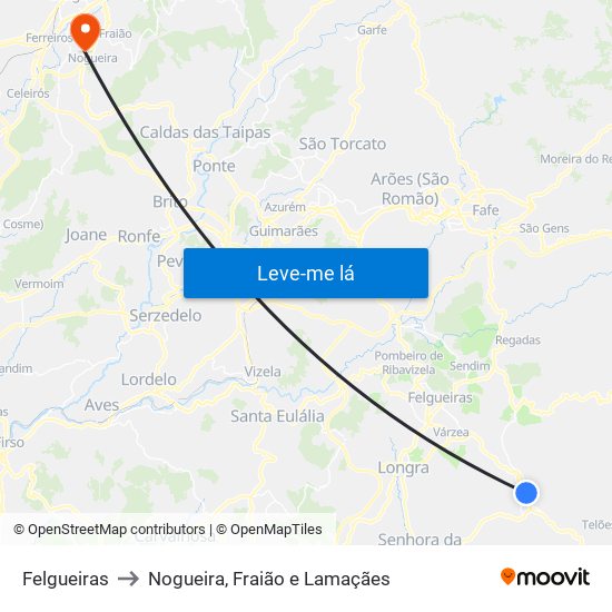 Felgueiras to Nogueira, Fraião e Lamaçães map