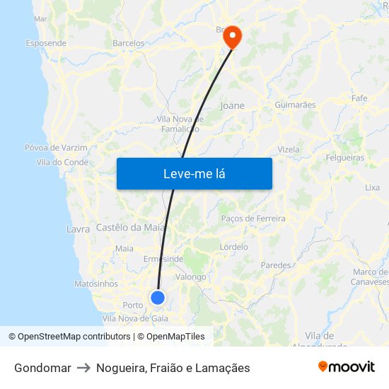 Gondomar to Nogueira, Fraião e Lamaçães map