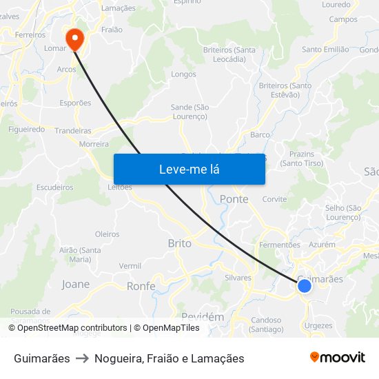 Guimarães to Nogueira, Fraião e Lamaçães map