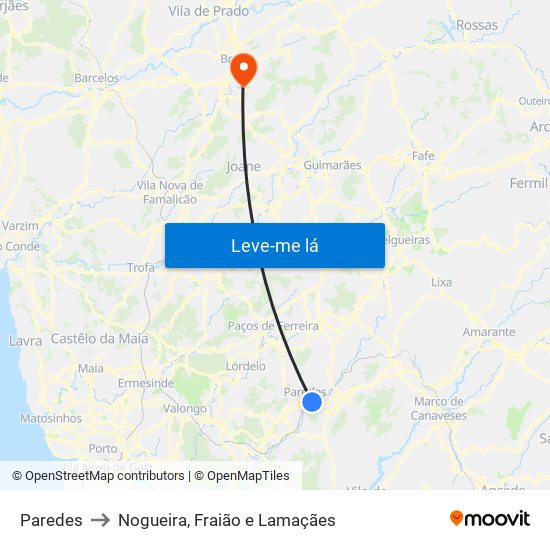 Paredes to Nogueira, Fraião e Lamaçães map