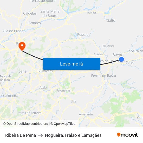 Ribeira De Pena to Nogueira, Fraião e Lamaçães map