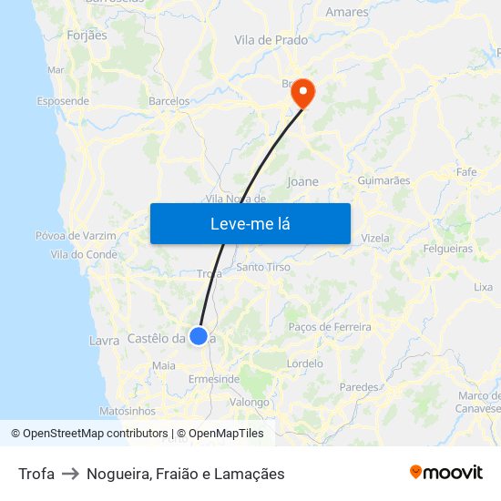 Trofa to Nogueira, Fraião e Lamaçães map