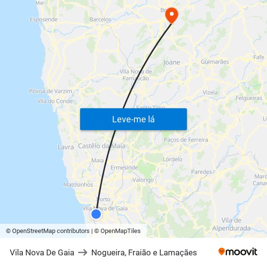 Vila Nova De Gaia to Nogueira, Fraião e Lamaçães map