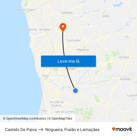 Castelo De Paiva to Nogueira, Fraião e Lamaçães map