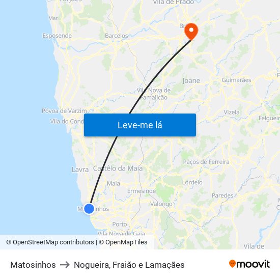 Matosinhos to Nogueira, Fraião e Lamaçães map