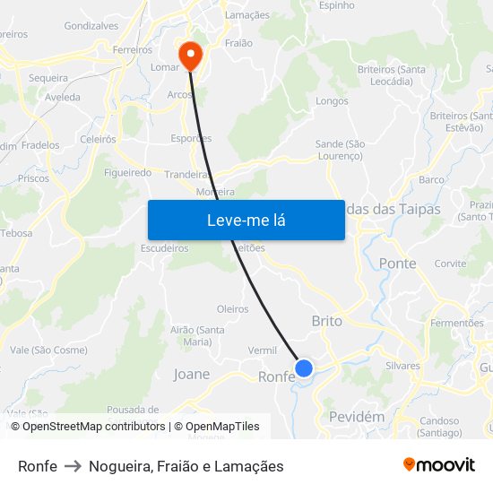 Ronfe to Nogueira, Fraião e Lamaçães map