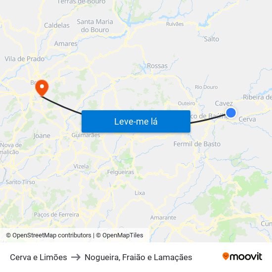 Cerva e Limões to Nogueira, Fraião e Lamaçães map