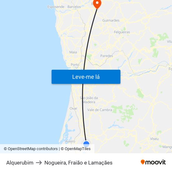 Alquerubim to Nogueira, Fraião e Lamaçães map