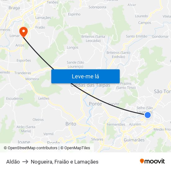Aldão to Nogueira, Fraião e Lamaçães map