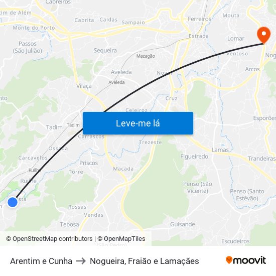 Arentim e Cunha to Nogueira, Fraião e Lamaçães map