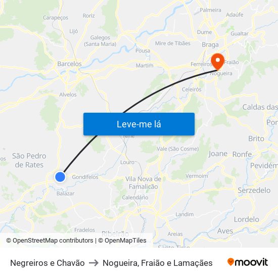 Negreiros e Chavão to Nogueira, Fraião e Lamaçães map