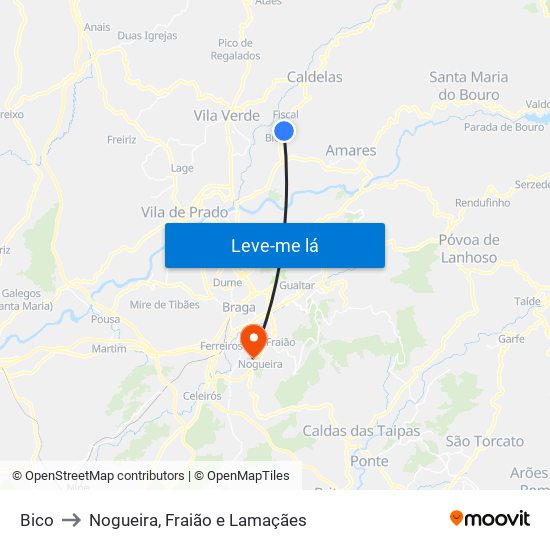 Bico to Nogueira, Fraião e Lamaçães map