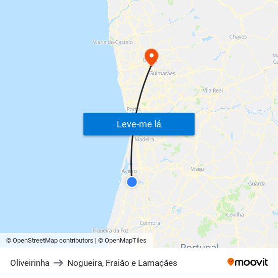 Oliveirinha to Nogueira, Fraião e Lamaçães map