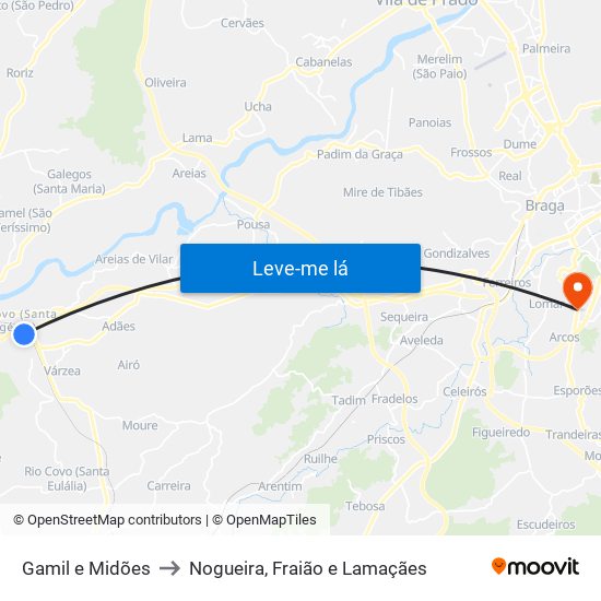 Gamil e Midões to Nogueira, Fraião e Lamaçães map