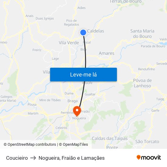 Coucieiro to Nogueira, Fraião e Lamaçães map