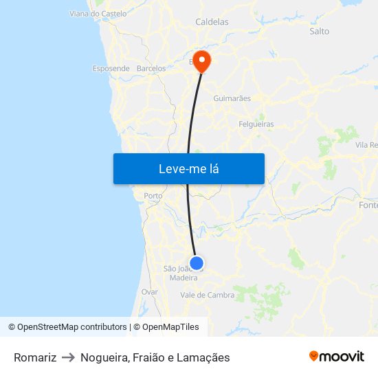 Romariz to Nogueira, Fraião e Lamaçães map