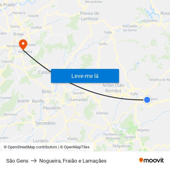 São Gens to Nogueira, Fraião e Lamaçães map