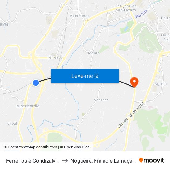 Ferreiros e Gondizalves to Nogueira, Fraião e Lamaçães map