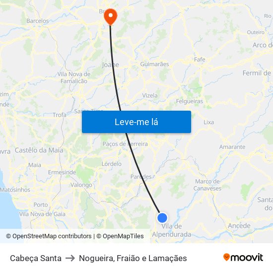 Cabeça Santa to Nogueira, Fraião e Lamaçães map