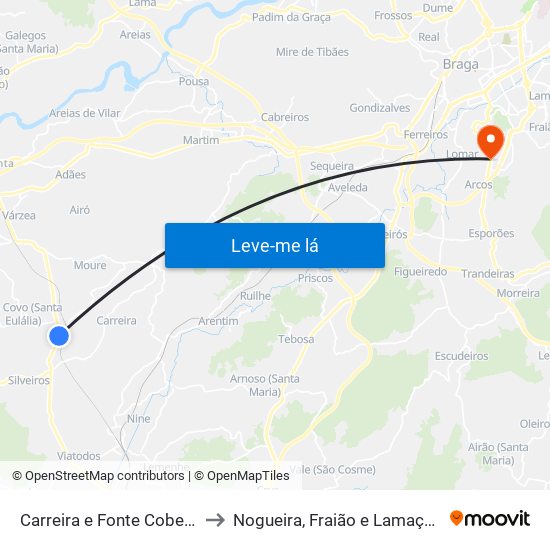 Carreira e Fonte Coberta to Nogueira, Fraião e Lamaçães map