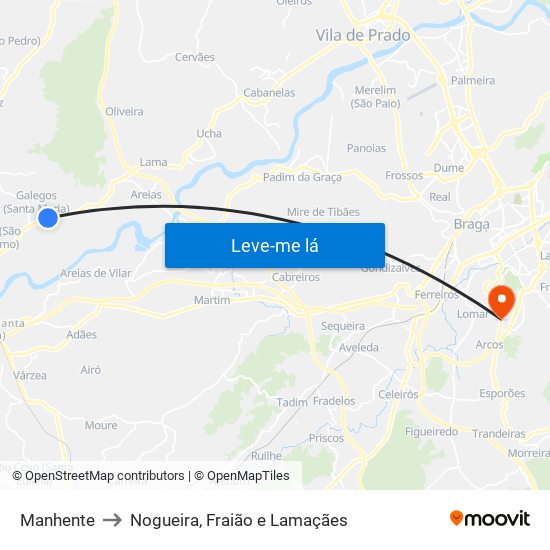 Manhente to Nogueira, Fraião e Lamaçães map