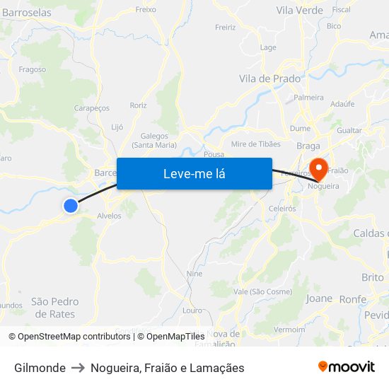 Gilmonde to Nogueira, Fraião e Lamaçães map