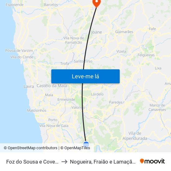 Foz do Sousa e Covelo to Nogueira, Fraião e Lamaçães map