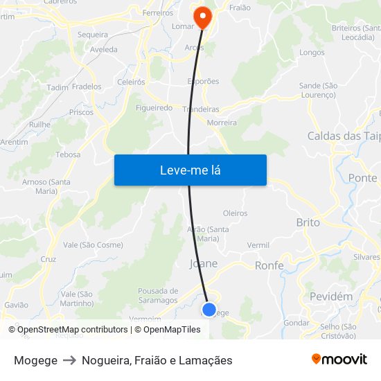 Mogege to Nogueira, Fraião e Lamaçães map