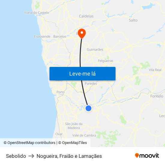 Sebolido to Nogueira, Fraião e Lamaçães map