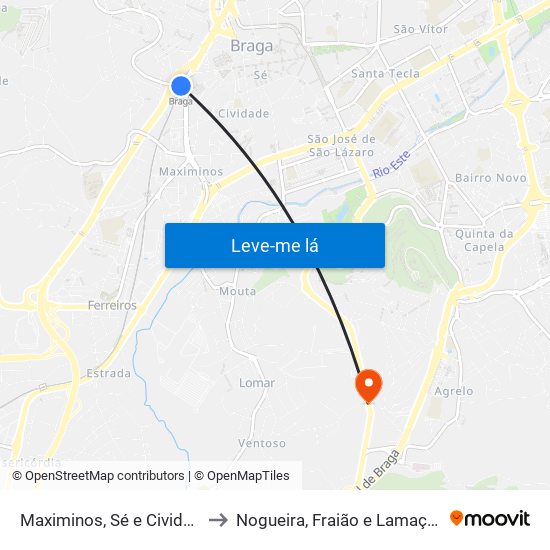 Maximinos, Sé e Cividade to Nogueira, Fraião e Lamaçães map