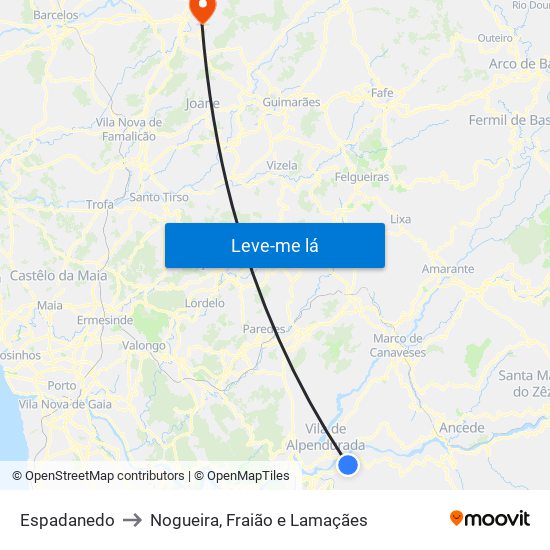 Espadanedo to Nogueira, Fraião e Lamaçães map