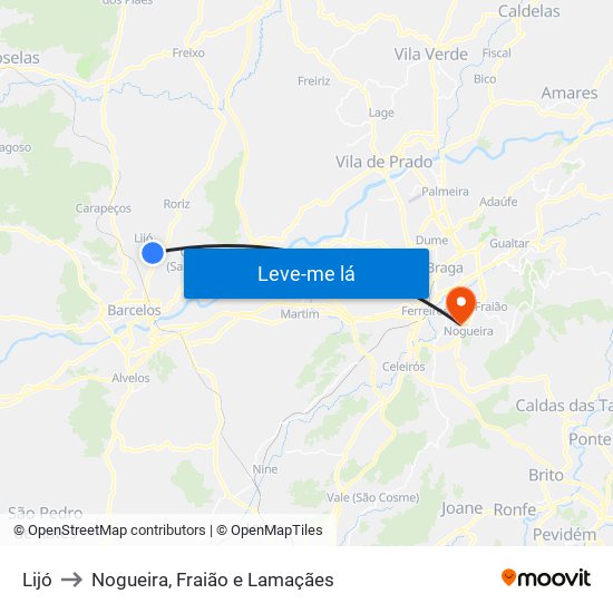 Lijó to Nogueira, Fraião e Lamaçães map