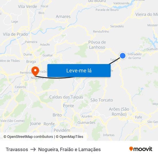 Travassos to Nogueira, Fraião e Lamaçães map