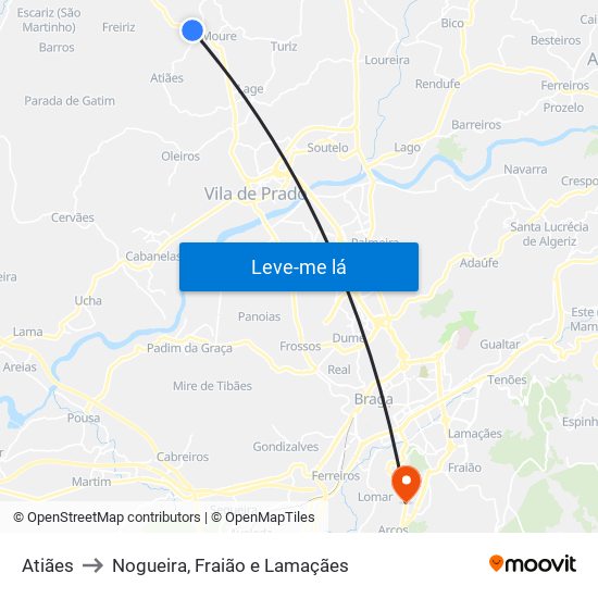 Atiães to Nogueira, Fraião e Lamaçães map