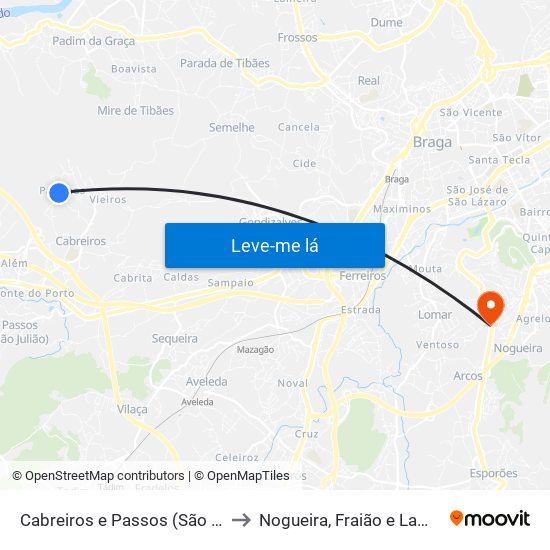 Cabreiros e Passos (São Julião) to Nogueira, Fraião e Lamaçães map