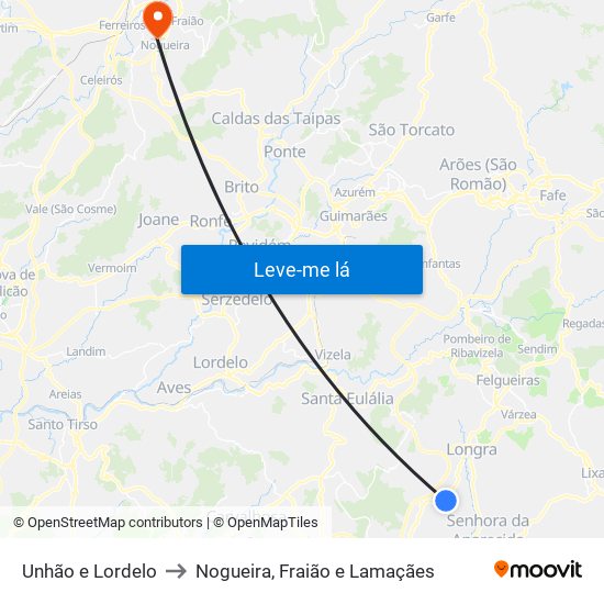 Unhão e Lordelo to Nogueira, Fraião e Lamaçães map