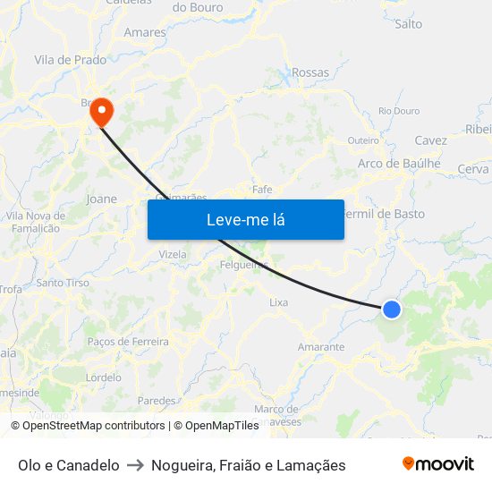 Olo e Canadelo to Nogueira, Fraião e Lamaçães map