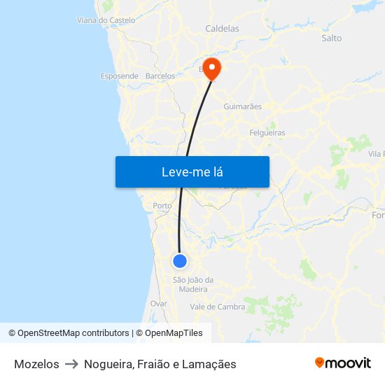Mozelos to Nogueira, Fraião e Lamaçães map