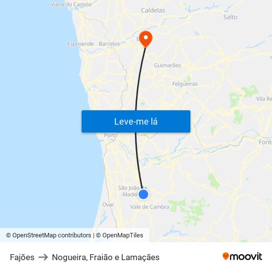 Fajões to Nogueira, Fraião e Lamaçães map