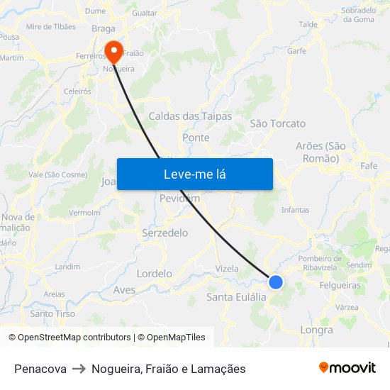 Penacova to Nogueira, Fraião e Lamaçães map