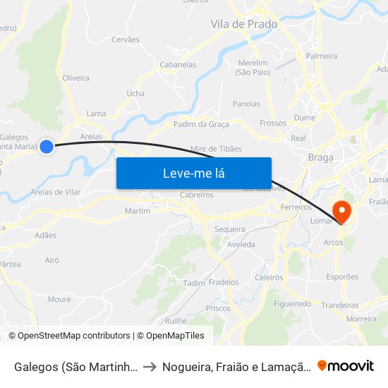 Galegos (São Martinho) to Nogueira, Fraião e Lamaçães map