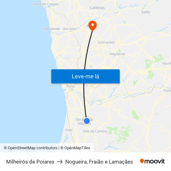 Milheirós de Poiares to Nogueira, Fraião e Lamaçães map